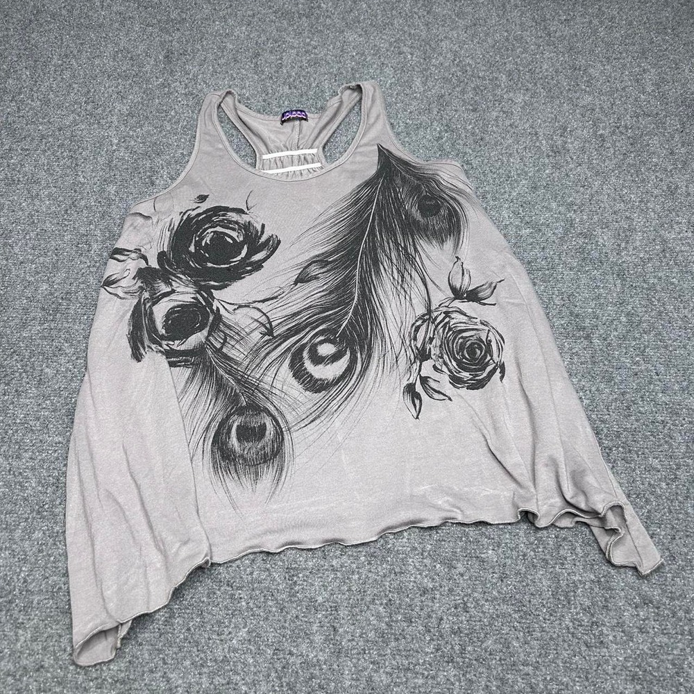 Upload Y2K grey racer back tank top with rose and feather design size medium